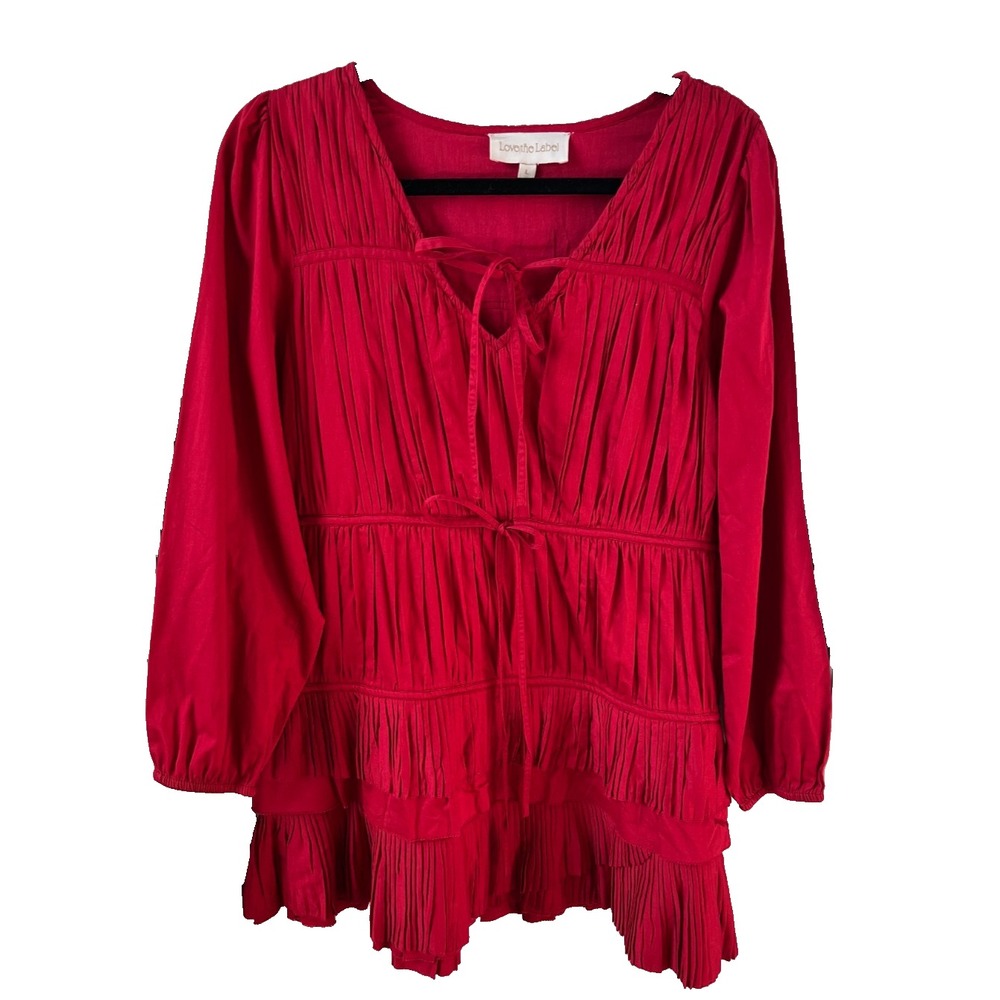 Love The Label Wren Dress Red Long Sleeve Tiered Pleated Valentine's Day Size L